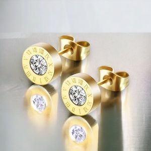 NEW Luxe Inspired Roman numeral round small crystal post earrings gold-tone